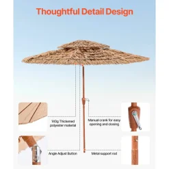 VEVOR Tiki Umbrella, 9 ft Thatched Patio Umbrella with Tilt, 2-Tier Hawaiian Style Beach Parasol with PP Thatch and 8 Metal Ribs, Grass Pool Umbrellas for Beach, Patio, Poolside, Backyard & Garden
