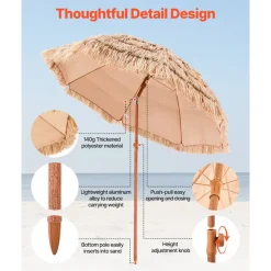 VEVOR Tiki Umbrella, 6.5 ft Thatched Patio Umbrella with Tilt, Hawaiian Style Beach Parasol with Durable PP Thatch and 8 Metal Ribs, Grass Pool Umbrellas for Beach, Patio, Poolside, Backyard & Garden
