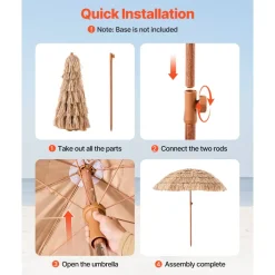 VEVOR Tiki Umbrella, 6.5 ft Thatched Patio Umbrella with Tilt, Hawaiian Style Beach Parasol with Durable PP Thatch and 8 Metal Ribs, Grass Pool Umbrellas for Beach, Patio, Poolside, Backyard & Garden
