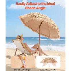 VEVOR Tiki Umbrella, 6.5 ft Thatched Patio Umbrella with Tilt, Hawaiian Style Beach Parasol with Durable PP Thatch and 8 Metal Ribs, Grass Pool Umbrellas for Beach, Patio, Poolside, Backyard & Garden