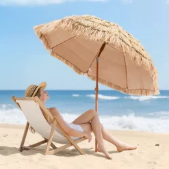 VEVOR Tiki Umbrella, 6.5 ft Thatched Patio Umbrella with Tilt, Hawaiian Style Beach Parasol with Durable PP Thatch and 8 Metal Ribs, Grass Pool Umbrellas for Beach, Patio, Poolside, Backyard & Garden