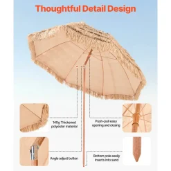 VEVOR Tiki Umbrella, 9 ft Thatched Patio Umbrella with Tilt, Hawaiian Style Beach Parasol with Durable PP Thatch and 8 Metal Ribs, Grass Pool Umbrellas for Beach, Patio, Poolside, Backyard & Garden