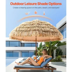VEVOR Tiki Umbrella, 9 ft Thatched Patio Umbrella with Tilt, Hawaiian Style Beach Parasol with Durable PP Thatch and 8 Metal Ribs, Grass Pool Umbrellas for Beach, Patio, Poolside, Backyard & Garden