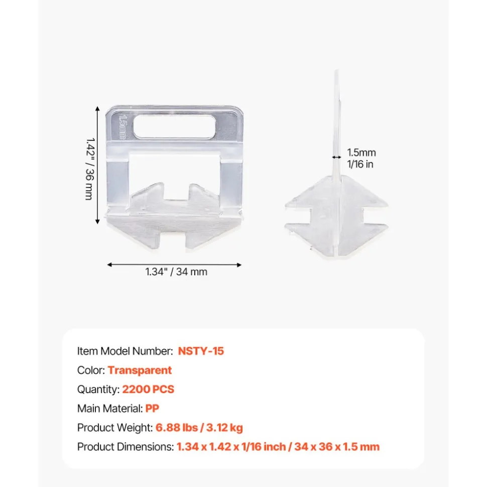 VEVOR Tile Leveling System Clips, 2200-Piece DIY Tile Leveler Spacers, 1/16"(1.5 mm) Tile Leveler Clips, Tile Leveling System Tile Installation Tools for Professional Ceramic Tile, Stone Installation
