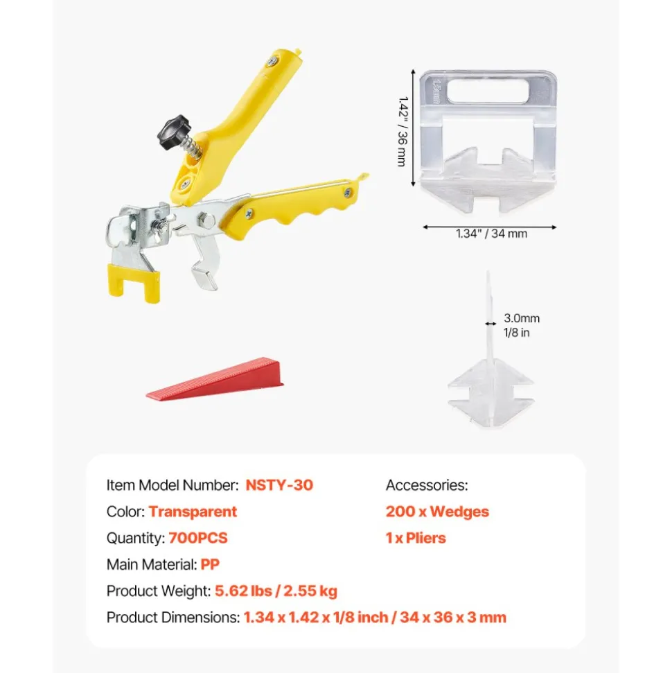 VEVOR Tile Leveling System, 1/8 Inch(3 mm) with 1pc Tile Plier, 700 PCS DIY Tile Leveler Spacers Clips and 200 PCS Reusable Wedges, Tile Tools Set for Professional Ceramic Tile and Stone Installation