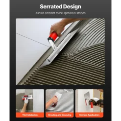 VEVOR Tile Tools, Stainless Steel Squared Notch Tile and Flooring Trowel, 10.9 x 4.4 in Pro Grade Drywall Tool, Ergonomic Rubber Grip Comfort Handle, for Apply, Spread, Flatten, Smooth, Polish