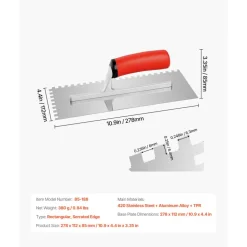 VEVOR Tile Tools, Stainless Steel Squared Notch Tile and Flooring Trowel, 10.9 x 4.4 in Pro Grade Drywall Tool, Ergonomic Rubber Grip Comfort Handle, for Apply, Spread, Flatten, Smooth, Polish