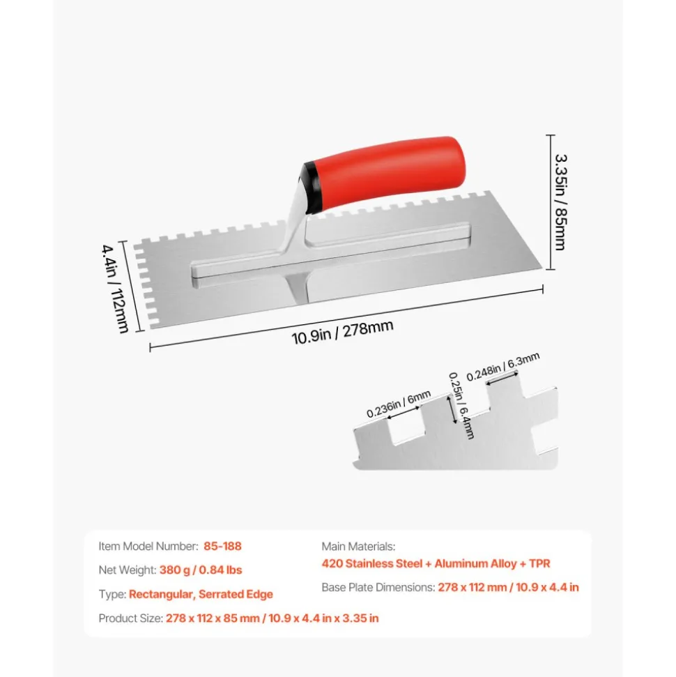 VEVOR Tile Tools, Stainless Steel Squared Notch Tile and Flooring Trowel, 10.9 x 4.4 in Pro Grade Drywall Tool, Ergonomic Rubber Grip Comfort Handle, for Apply, Spread, Flatten, Smooth, Polish
