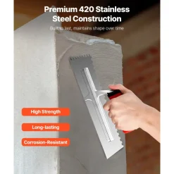 VEVOR Tile Tools, Stainless Steel Squared Notch Tile and Flooring Trowel, 10.9 x 4.4 in Pro Grade Drywall Tool, Ergonomic Rubber Grip Comfort Handle, for Apply, Spread, Flatten, Smooth, Polish