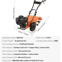VEVOR Tiller Cultivator, 212CC 4-Stroke Garden Cultivator, Tiller with 4 Steel Adjustable Rear Tines for Lawn, Garden and Field Soil Cultivation