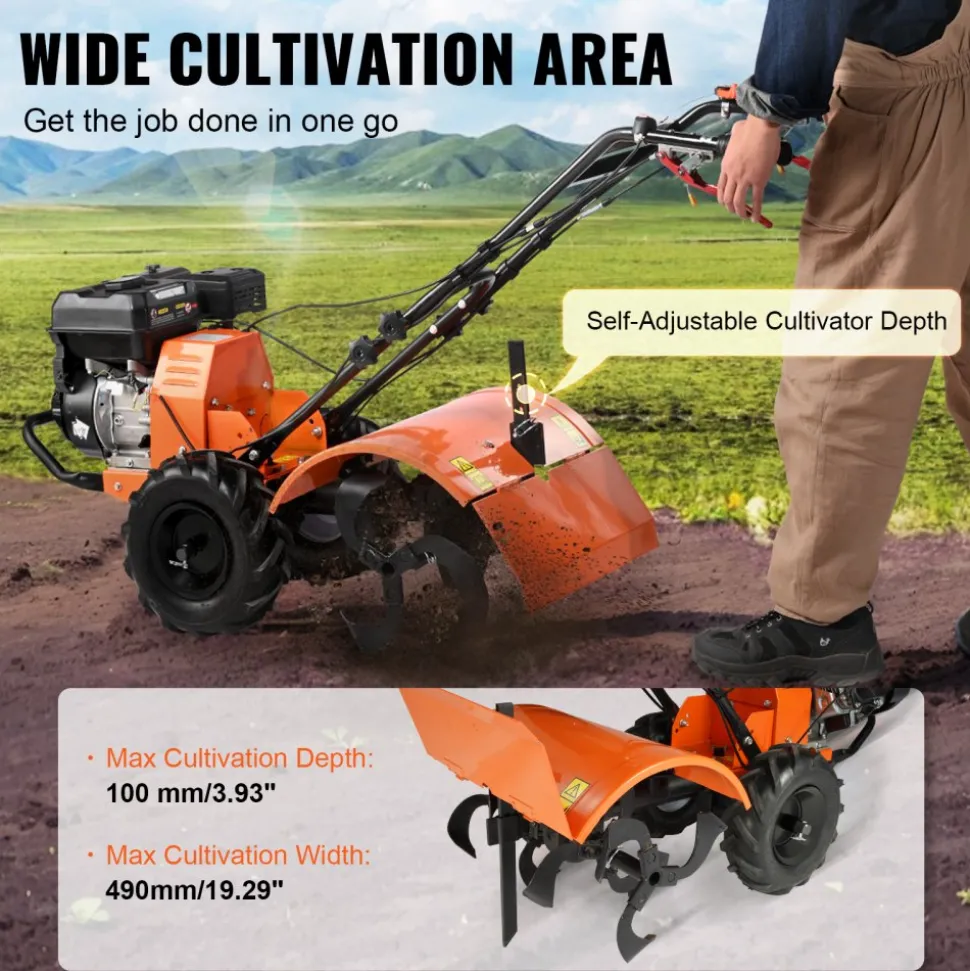 VEVOR Tiller Cultivator, 212CC 4-Stroke Garden Cultivator, Tiller with 4 Steel Adjustable Rear Tines for Lawn, Garden and Field Soil Cultivation