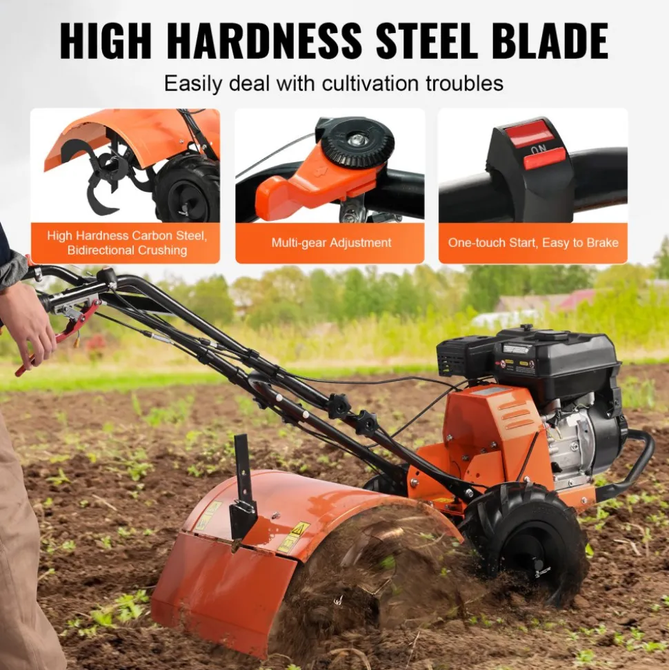 VEVOR Tiller Cultivator, 212CC 4-Stroke Garden Cultivator, Tiller with 4 Steel Adjustable Rear Tines for Lawn, Garden and Field Soil Cultivation