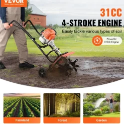 VEVOR Tiller Cultivator, 31CC 4-Stroke Garden Cultivator, Tiller with 4 Steel Adjustable Front Tines for Lawn, Garden and Field Cultivation