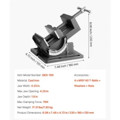 VEVOR Tilting Vise, 4.25 Inch Jaw Width, Portable Drill Press Bench Vise, 0–90° Adjustable Tilt, Durable Cast Iron Construction, Workbench Vice for Woodworking, for Benchtops and Drill Presses, Black