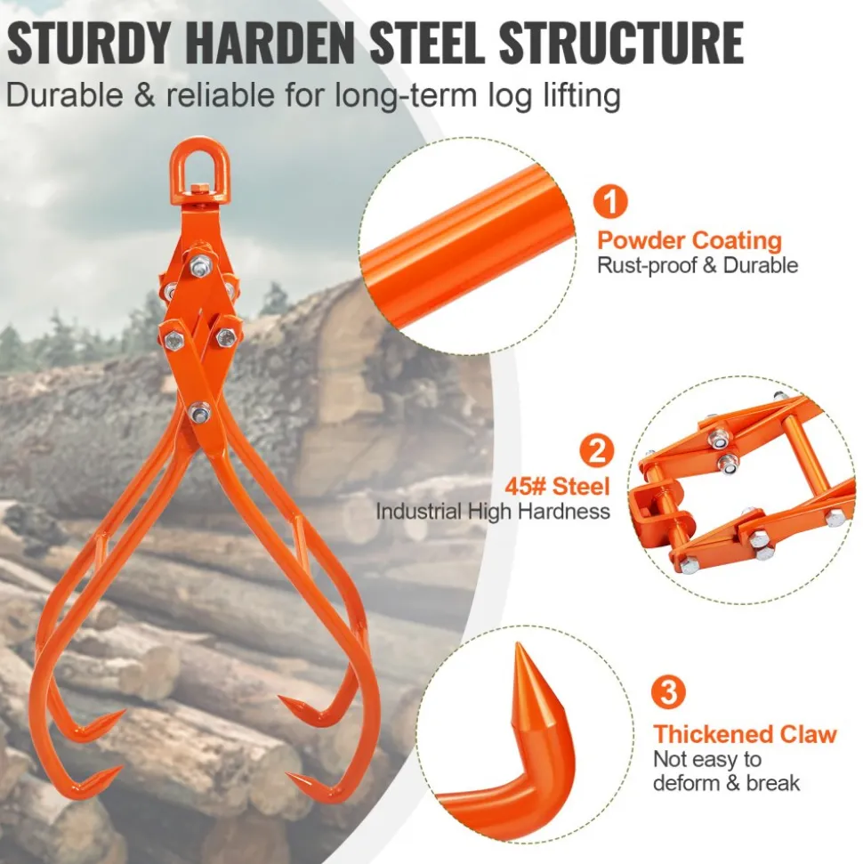 VEVOR Timber Claw Hook, 28 inch 4 Claw Log Grapple for Logging Tongs, Swivel Steel Log Lifting Tongs, Eagle Claws Design with 2205 lbs/1000 kg Loading Capacity for Tractors, ATVs, Trucks, Forklifts