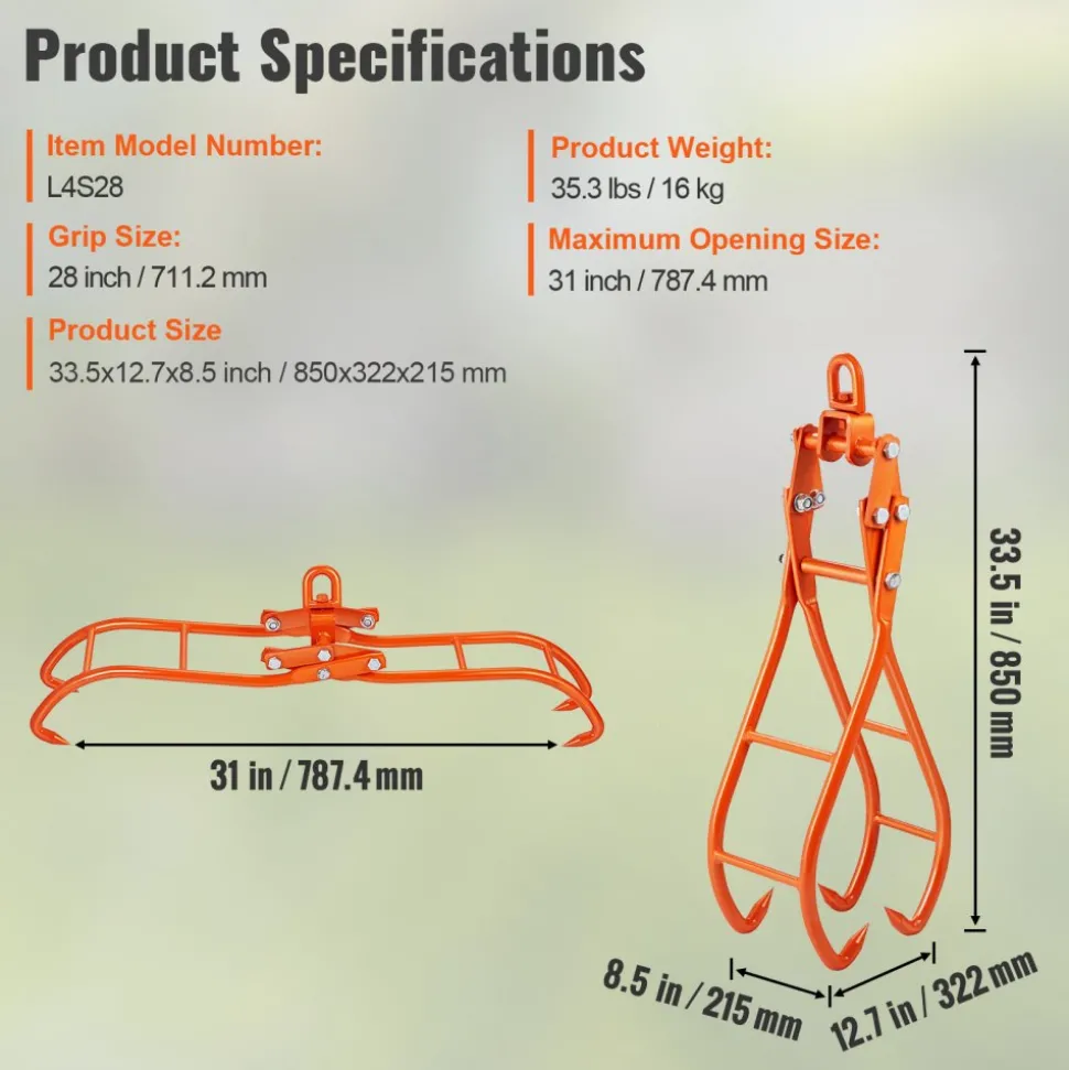 VEVOR Timber Claw Hook, 28 inch 4 Claw Log Grapple for Logging Tongs, Swivel Steel Log Lifting Tongs, Eagle Claws Design with 2205 lbs/1000 kg Loading Capacity for Tractors, ATVs, Trucks, Forklifts