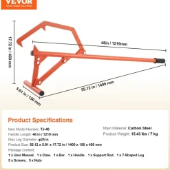 VEVOR Timberjack, 46.5 in, Heavy Duty Steel Log Roller, Log Lifter with Adjustable Cant Hook, Logging Tools Log Jack for Logs Ups to 25" Dia, Timber Jack for Rolling Cutting and Lifting Logs