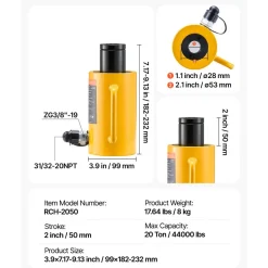 VEVOR 20T 2Inch Hydraulic Cylinder Jack Hollow Single Acting Hydraulic Ram Cylinder 50mm Hydraulic Lifting Cylinders (20T 2Inch Hollow)
