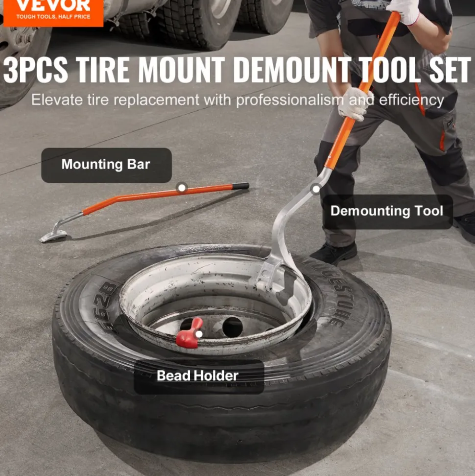 VEVOR Tire Mount Demount Tool, 22.5"-24.5" Manual Steel Tire Changer Mount Demount Removal Tool, with Extra Bead Holder, Tubeless Truck Bead Breaker, 3 PCS Tire Changing Tools, Orange