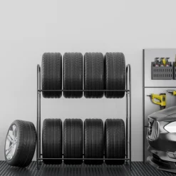 VEVOR Tire Storage Rack, 2-Shelf Tire Stand Holds up to 8 Standard Tires, Q195 Heavy-Duty Steel Tire Holder Carrier with Adjustable Height & Protective Cover for Garage Workshop, 396LBS Loading