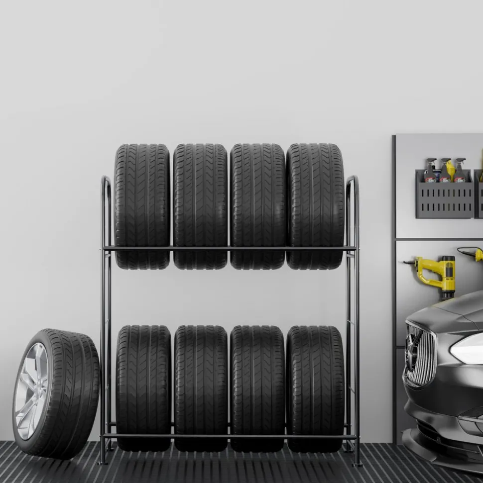VEVOR Tire Storage Rack, 2-Shelf Tire Stand Holds up to 8 Standard Tires, Q195 Heavy-Duty Steel Tire Holder Carrier with Adjustable Height & Protective Cover for Garage Workshop, 396LBS Loading