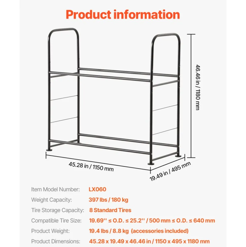 VEVOR Tire Storage Rack, 2-Shelf Tire Stand Holds up to 8 Standard Tires, Q195 Heavy-Duty Steel Tire Holder Carrier with Adjustable Height & Protective Cover for Garage Workshop, 396LBS Loading