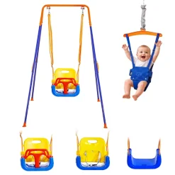 VEVOR Toddler Swing and Jumper, 2 in 1 Swing Set and Bouncer, Thick Plastic Seat with Foldable A-Frame Metal Stand, Reinforced with 4 Sandbags, Easy to Install and Store, for Indoor or Outdoor Play