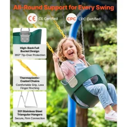 VEVOR Toddler Swing 300 lbs High Back Full Bucket Baby Swing Seat Green, for Outdoor & Indoor Backyard Playground, Heavy-Duty Coated Chains and Carabiners, Fully Assembled Seat for Toddlers Age 3+