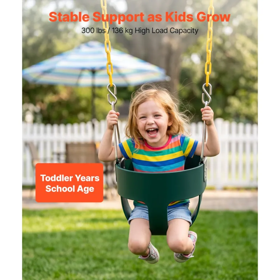 VEVOR Toddler Swing 300 lbs High Back Full Bucket Baby Swing Seat Green, for Outdoor & Indoor Backyard Playground, Heavy-Duty Coated Chains and Carabiners, Fully Assembled Seat for Toddlers Age 3+