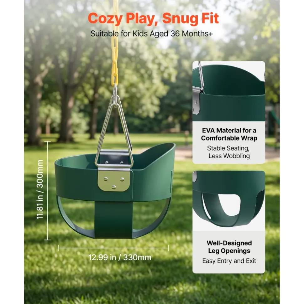 VEVOR Toddler Swing 300 lbs High Back Full Bucket Baby Swing Seat Green, for Outdoor & Indoor Backyard Playground, Heavy-Duty Coated Chains and Carabiners, Fully Assembled Seat for Toddlers Age 3+