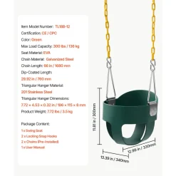 VEVOR Toddler Swing 300 lbs High Back Full Bucket Baby Swing Seat Green, for Outdoor & Indoor Backyard Playground, Heavy-Duty Coated Chains and Carabiners, Fully Assembled Seat for Toddlers Age 3+