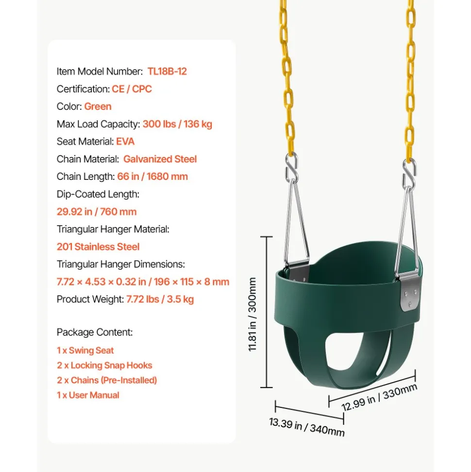 VEVOR Toddler Swing 300 lbs High Back Full Bucket Baby Swing Seat Green, for Outdoor & Indoor Backyard Playground, Heavy-Duty Coated Chains and Carabiners, Fully Assembled Seat for Toddlers Age 3+