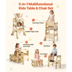 VEVOR Toddler Tower, Wooden, Adjustable Kitchen Step Stool for Kids 1-5, Montessori Weaning Table and Chair Set, Learning Standing Tower with Chalkboard, Backrest, for Bathroom and Kitchen Counter