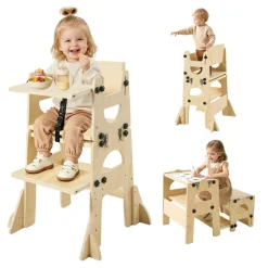 VEVOR Toddler Tower, Wooden, Adjustable Kitchen Step Stool for Kids 1-5, Montessori Weaning Table and Chair Set, Learning Standing Tower with Chalkboard, Backrest, for Bathroom and Kitchen Counter