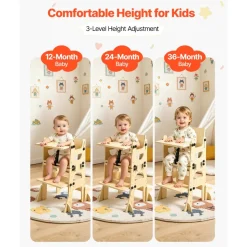 VEVOR Toddler Tower, Wooden, Adjustable Kitchen Step Stool for Kids 1-5, Montessori Weaning Table and Chair Set, Learning Standing Tower with Chalkboard, Backrest, for Bathroom and Kitchen Counter