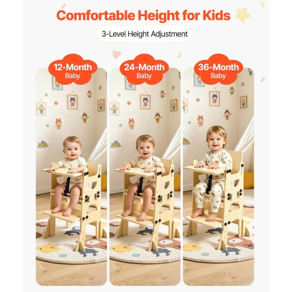 VEVOR Toddler Tower, Wooden, Adjustable Kitchen Step Stool for Kids 1-5, Montessori Weaning Table and Chair Set, Learning Standing Tower with Chalkboard, Backrest, for Bathroom and Kitchen Counter