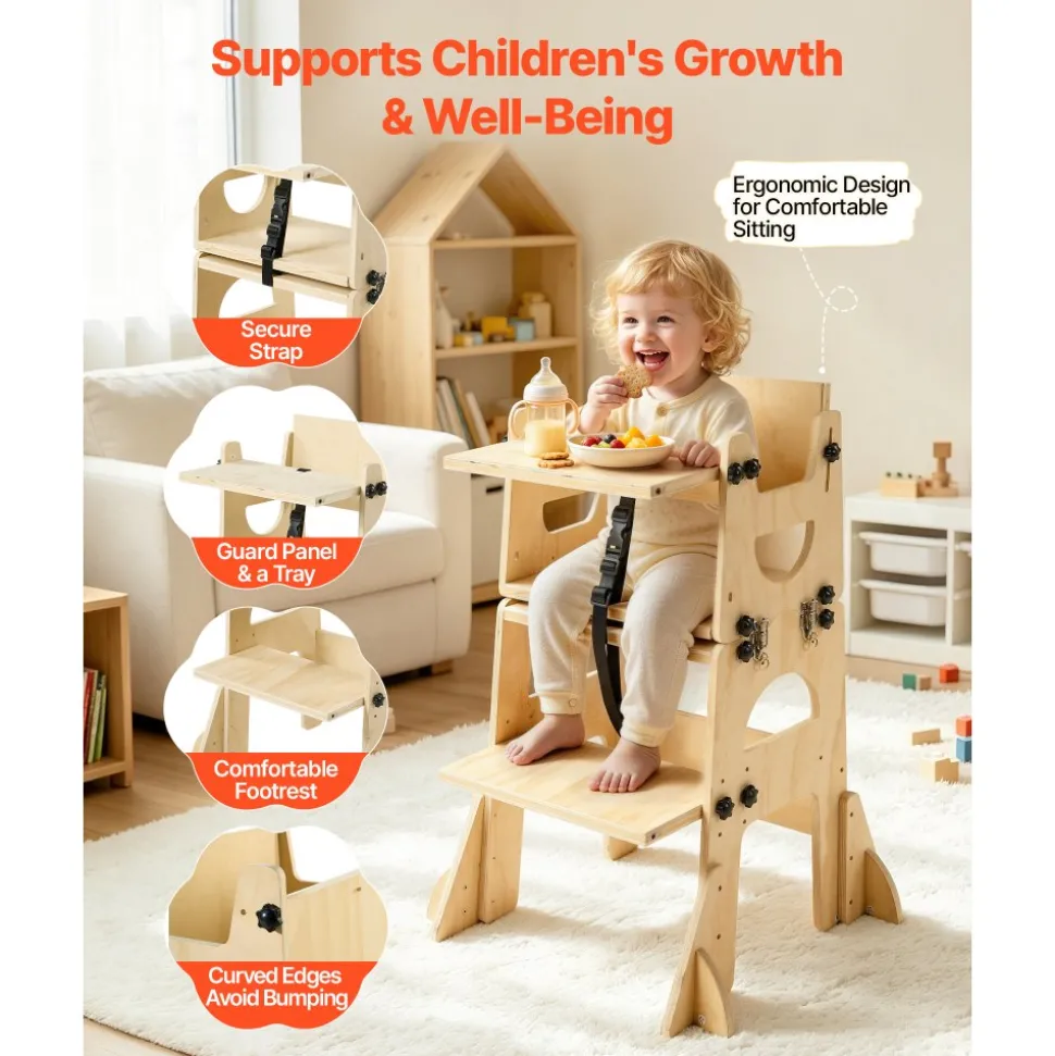 VEVOR Toddler Tower, Wooden, Adjustable Kitchen Step Stool for Kids 1-5, Montessori Weaning Table and Chair Set, Learning Standing Tower with Chalkboard, Backrest, for Bathroom and Kitchen Counter