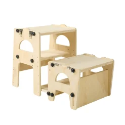 VEVOR Toddler Tower, Wooden, Adjustable Kitchen Step Stool for Kids 1-5, Montessori Weaning Table and Chair Set, Learning Standing Tower with Chalkboard, Backrest, for Bathroom and Kitchen Counter
