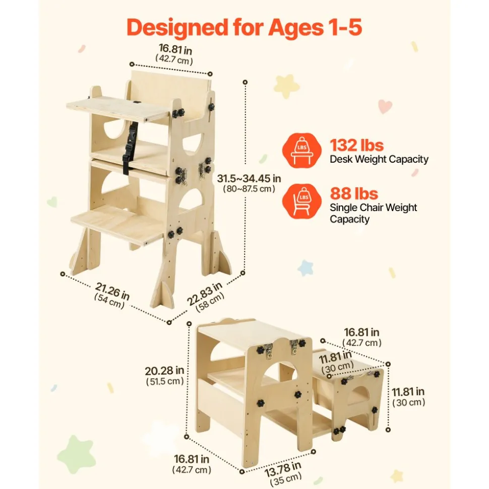 VEVOR Toddler Tower, Wooden, Adjustable Kitchen Step Stool for Kids 1-5, Montessori Weaning Table and Chair Set, Learning Standing Tower with Chalkboard, Backrest, for Bathroom and Kitchen Counter