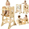 VEVOR Toddler Tower, Wooden, 6 in 1 Kitchen Step Stool for Kids 1-5, Montessori Weaning Table and Chair Set, Learning Standing Tower with Blackboard & Feeding Tray, for Bathroom and Kitchen Counter