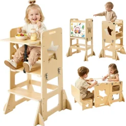 VEVOR Toddler Tower, Wooden, 6 in 1 Kitchen Step Stool for Kids 1-5, Montessori Weaning Table and Chair Set, Learning Standing Tower with Blackboard & Feeding Tray, for Bathroom and Kitchen Counter