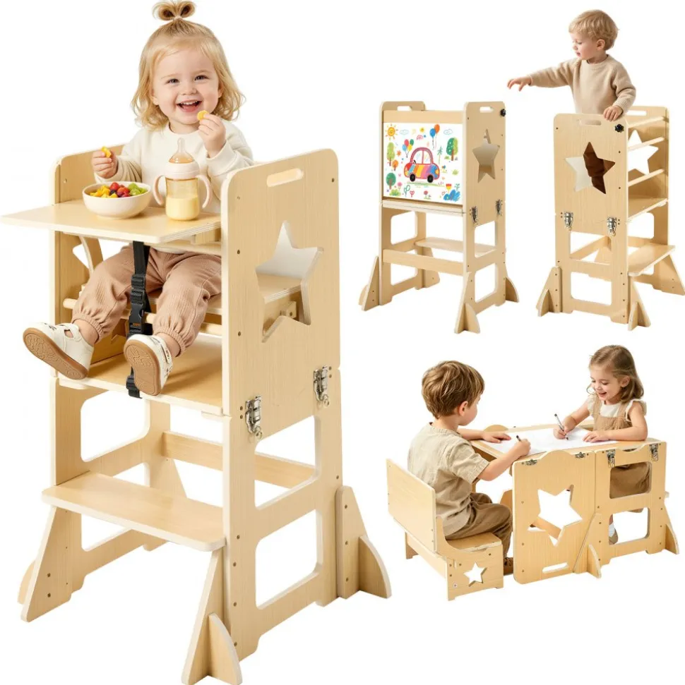 VEVOR Toddler Tower, Wooden, 6 in 1 Kitchen Step Stool for Kids 1-5, Montessori Weaning Table and Chair Set, Learning Standing Tower with Blackboard & Feeding Tray, for Bathroom and Kitchen Counter