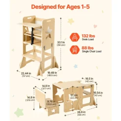 VEVOR Toddler Tower, Wooden, 6 in 1 Kitchen Step Stool for Kids 1-5, Montessori Weaning Table and Chair Set, Learning Standing Tower with Blackboard & Feeding Tray, for Bathroom and Kitchen Counter