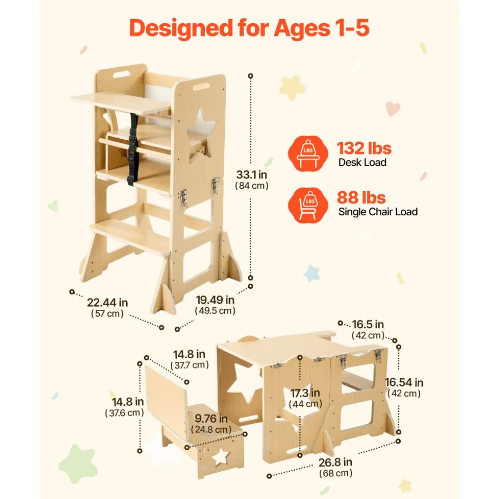VEVOR Toddler Tower, Wooden, 6 in 1 Kitchen Step Stool for Kids 1-5, Montessori Weaning Table and Chair Set, Learning Standing Tower with Blackboard & Feeding Tray, for Bathroom and Kitchen Counter