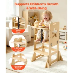 VEVOR Toddler Tower, Wooden, 6 in 1 Kitchen Step Stool for Kids 1-5, Montessori Weaning Table and Chair Set, Learning Standing Tower with Blackboard & Feeding Tray, for Bathroom and Kitchen Counter