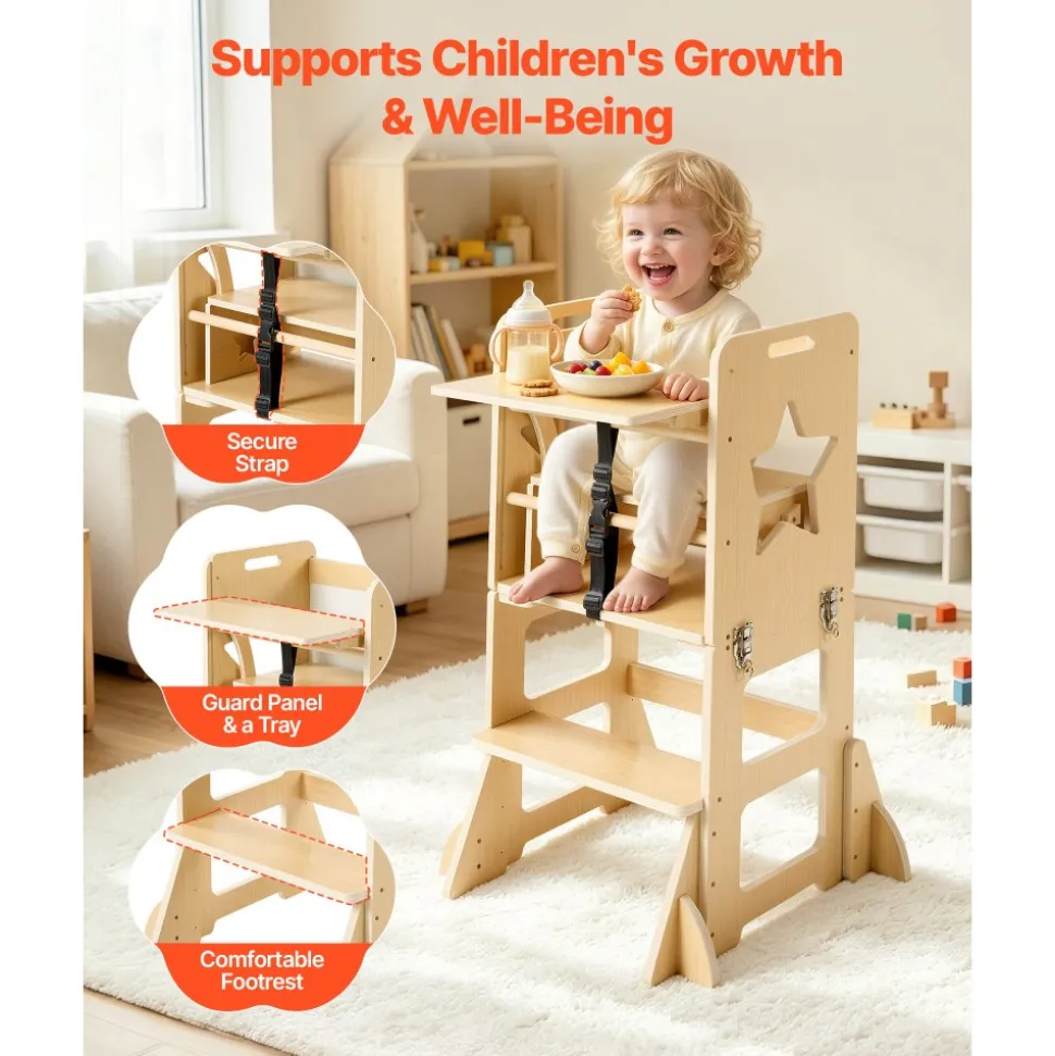 VEVOR Toddler Tower, Wooden, 6 in 1 Kitchen Step Stool for Kids 1-5, Montessori Weaning Table and Chair Set, Learning Standing Tower with Blackboard & Feeding Tray, for Bathroom and Kitchen Counter