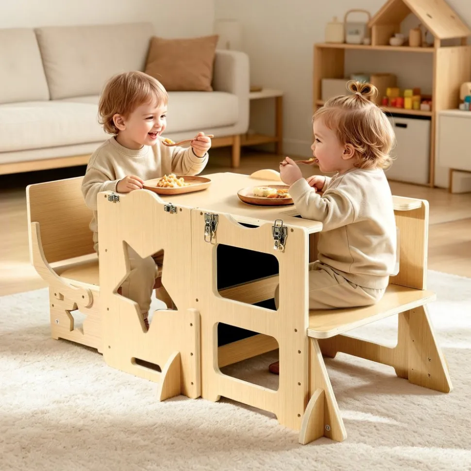 VEVOR Toddler Tower, Wooden, 6 in 1 Kitchen Step Stool for Kids 1-5, Montessori Weaning Table and Chair Set, Learning Standing Tower with Blackboard & Feeding Tray, for Bathroom and Kitchen Counter