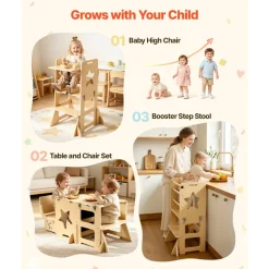 VEVOR Toddler Tower, Wooden, 6 in 1 Kitchen Step Stool for Kids 1-5, Montessori Weaning Table and Chair Set, Learning Standing Tower with Blackboard & Feeding Tray, for Bathroom and Kitchen Counter
