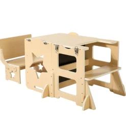 VEVOR Toddler Tower, Wooden, 6 in 1 Kitchen Step Stool for Kids 1-5, Montessori Weaning Table and Chair Set, Learning Standing Tower with Blackboard & Feeding Tray, for Bathroom and Kitchen Counter