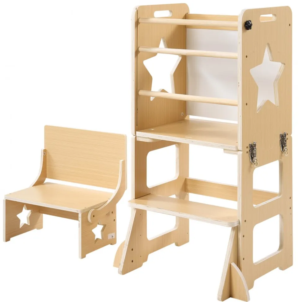 VEVOR Toddler Tower, Wooden, 6 in 1 Kitchen Step Stool for Kids 1-5, Montessori Weaning Table and Chair Set, Learning Standing Tower with Blackboard & Feeding Tray, for Bathroom and Kitchen Counter